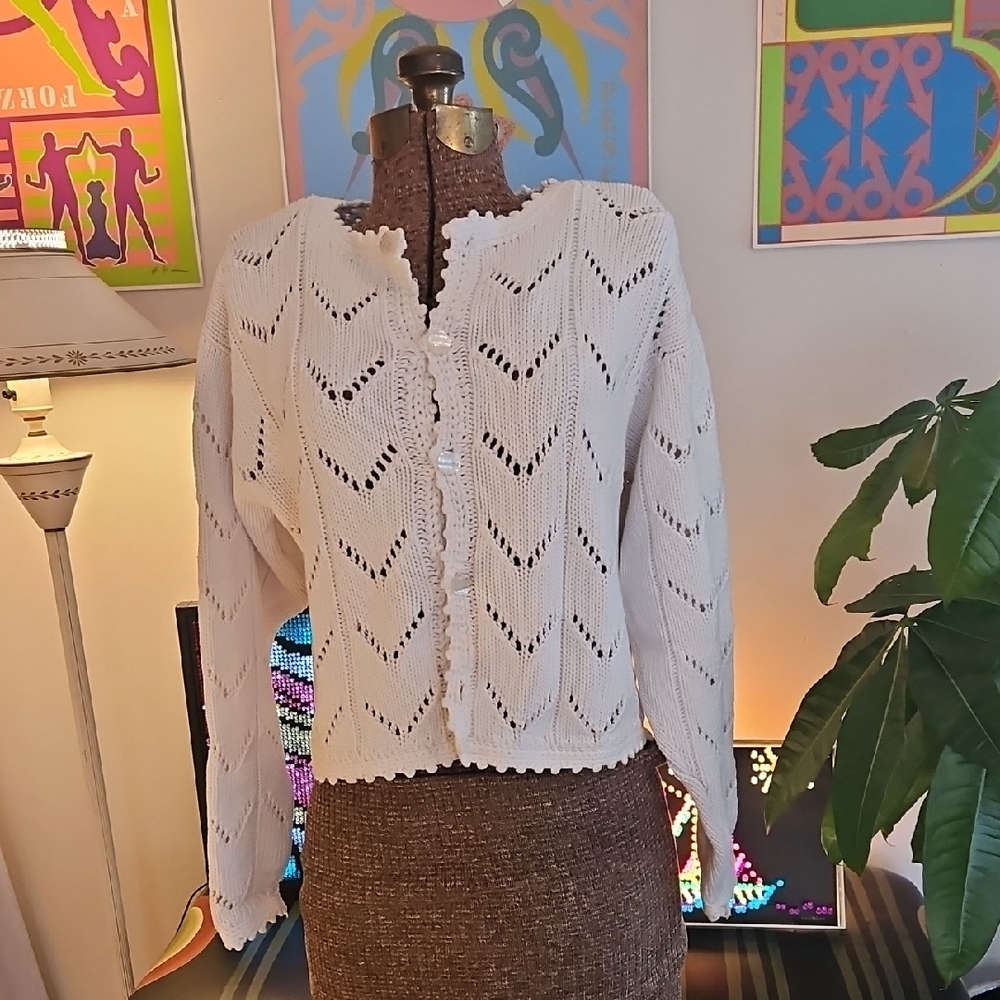 Vintage 1980s Womens Liz Claiborne Pointelle Knit Cotton Cardigan Sweater Sz Med